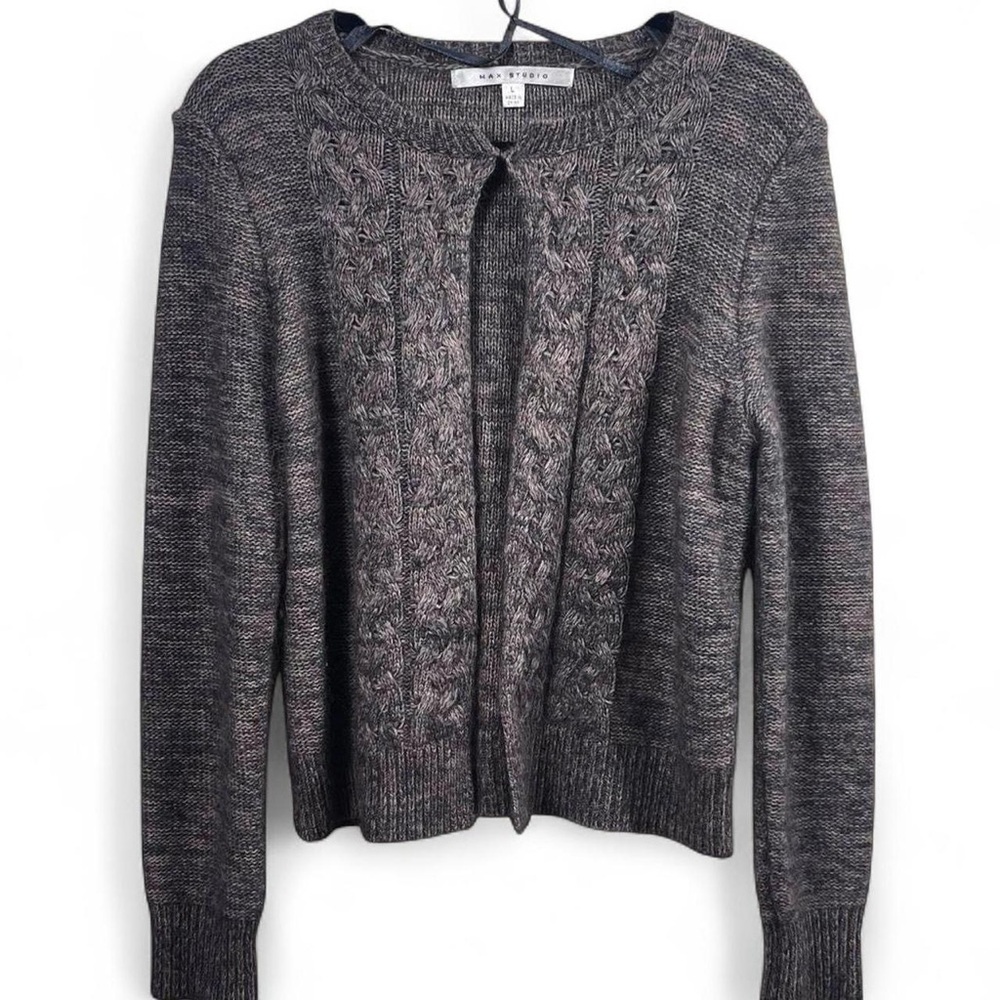 Classic neutral tone angora rabbit blend cable knit cardigan size L